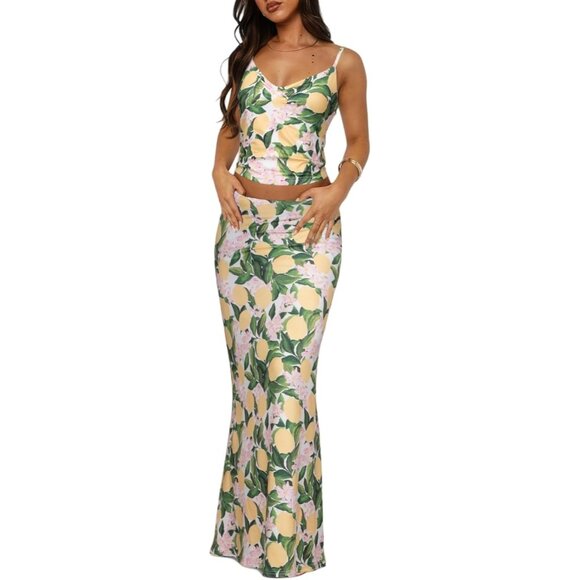 Women's Lemon Two Piece Sets Sleeveless Spaghetti Pleated Tank Top Maxi Skirt